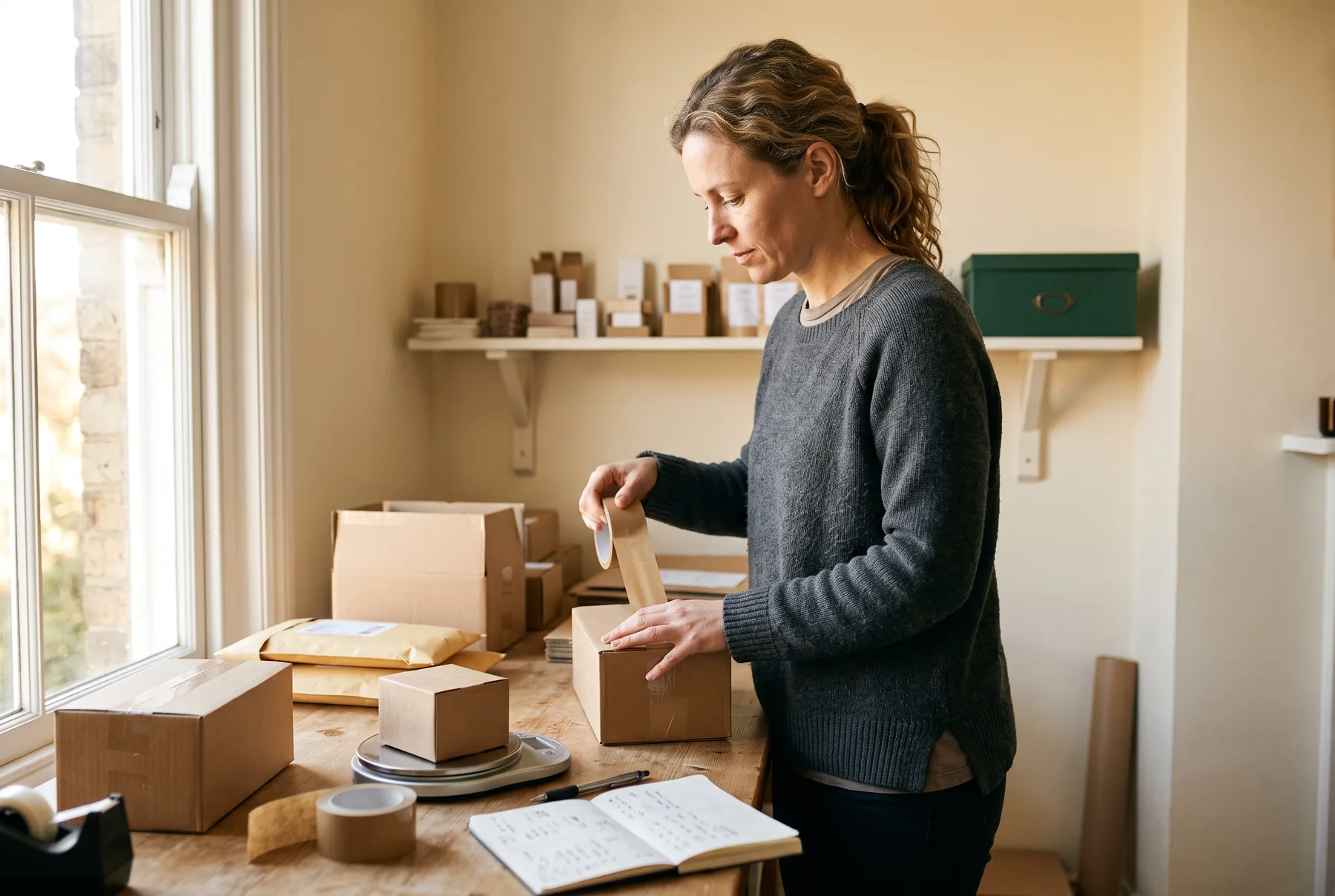 Microbusiness owner packing a small number of customer orders from a home studio.