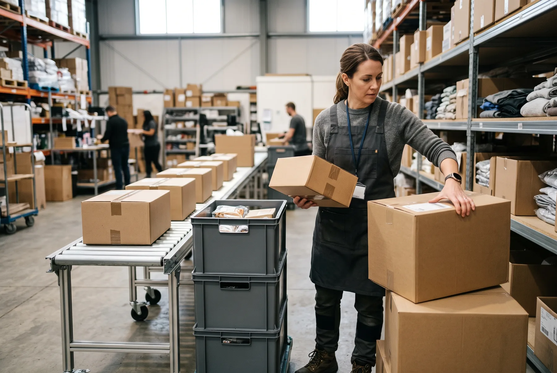 Seller preparing inventory cartons for a marketplace fulfilment flow.