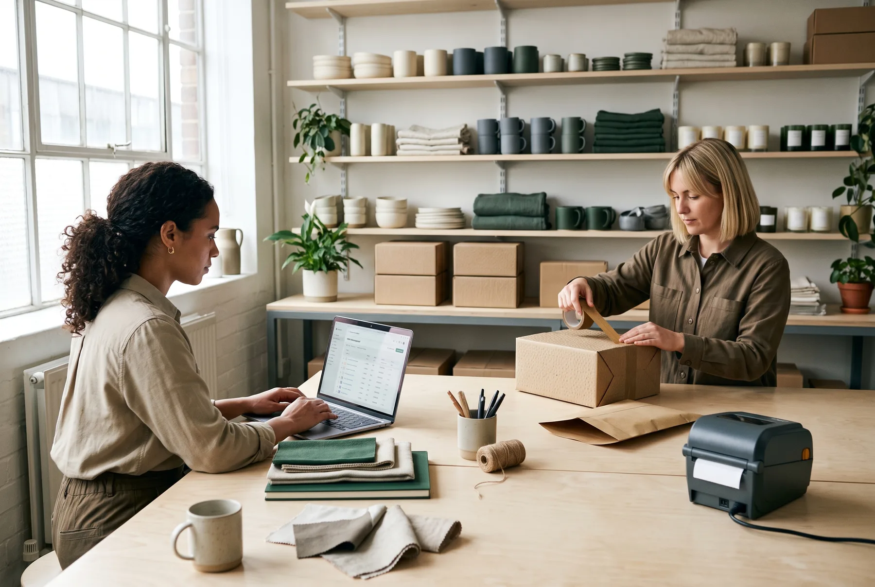 Independent online brand coordinating orders and packaging at its own studio.