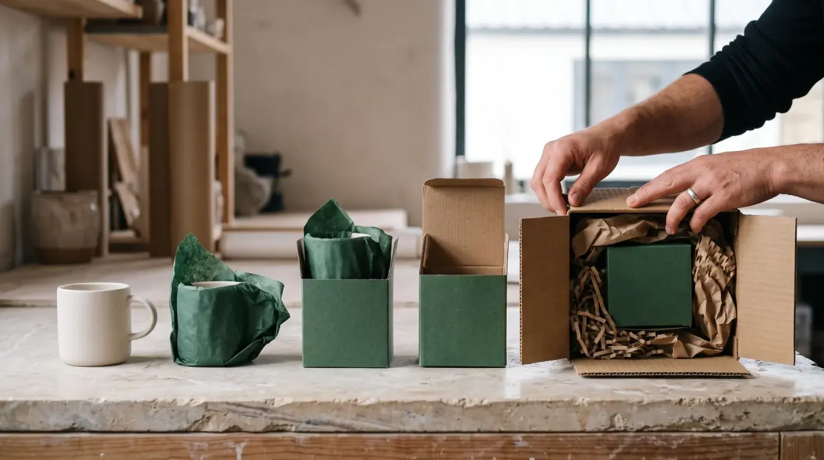 Primary, secondary and shipping packaging arranged around one ecommerce product.