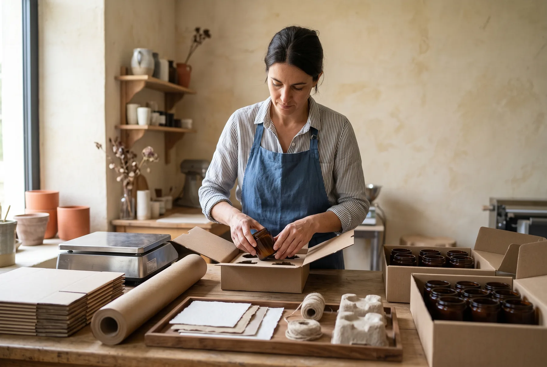 French independent beauty seller packing glass products for online orders.