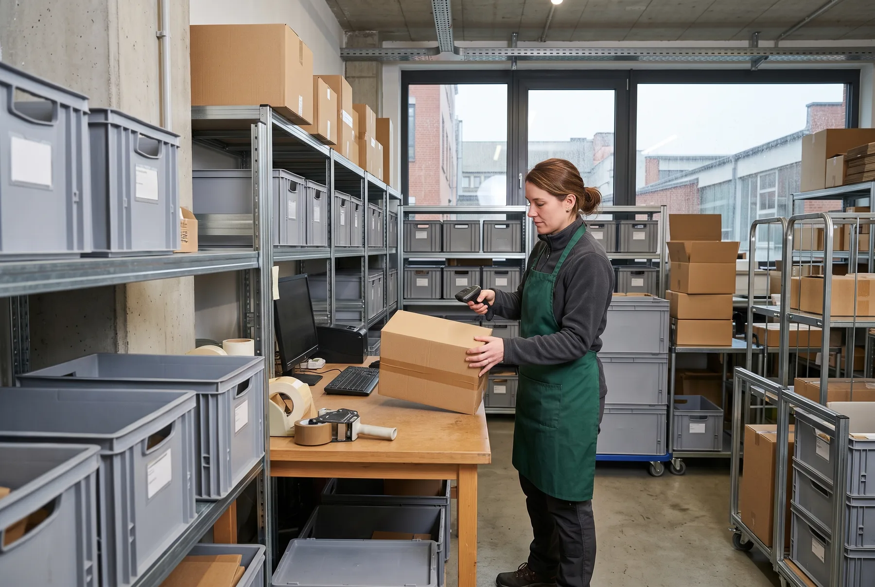 Small ecommerce warehouse preparing parcels for German customers.