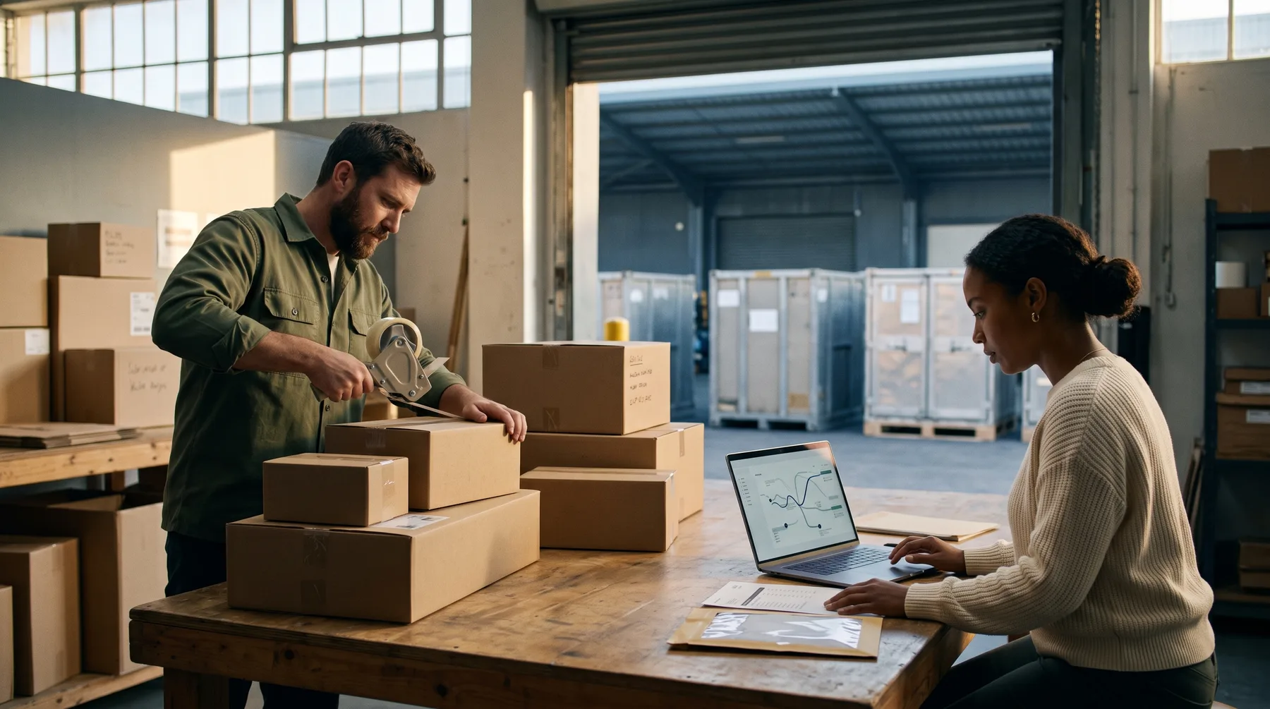 Cross-border seller preparing consolidated parcels and customs documents for EU dispatch.