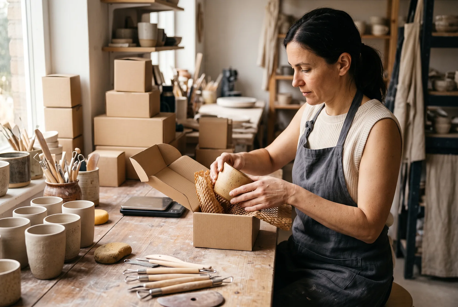 Independent maker wrapping a handmade ceramic order for shipment.