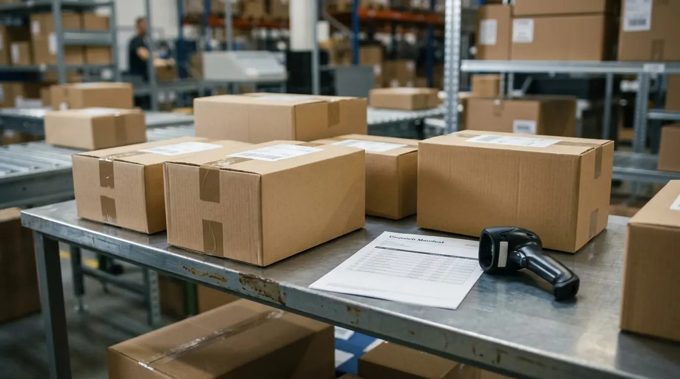 Verpackte Pakete auf einem Sortiertisch im Lager neben einem Versandmanifest