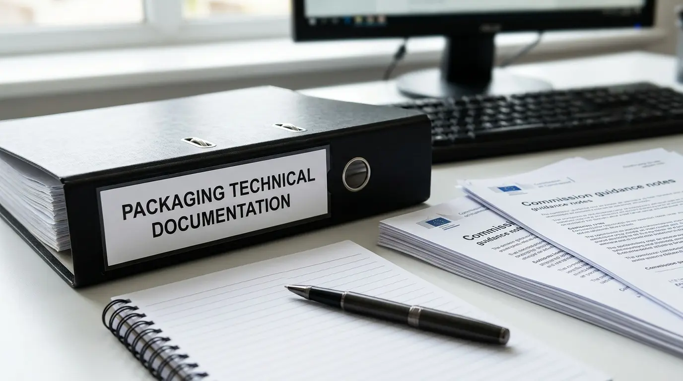 Ordner mit technischer Verpackungsdokumentation neben ausgedruckten Kommissionsleitfaeden