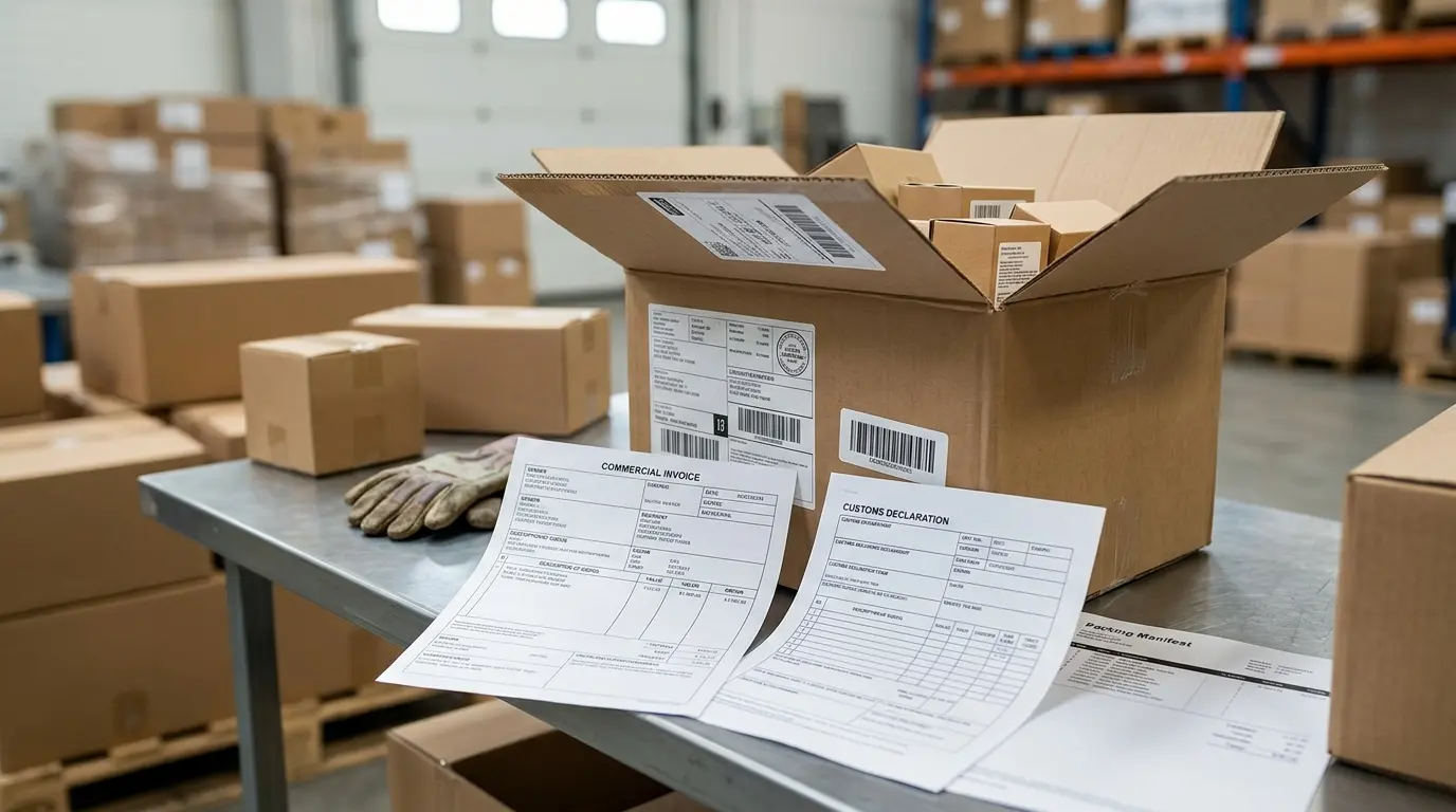 Imported shipping cartons and commercial invoice documentation.