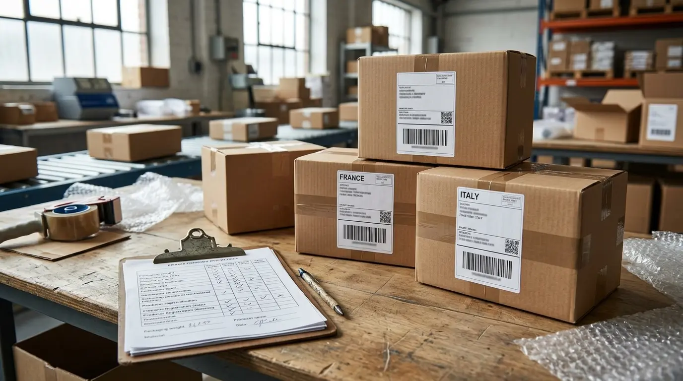 Cardboard parcels with destination delivery labels arranged for dispatch.