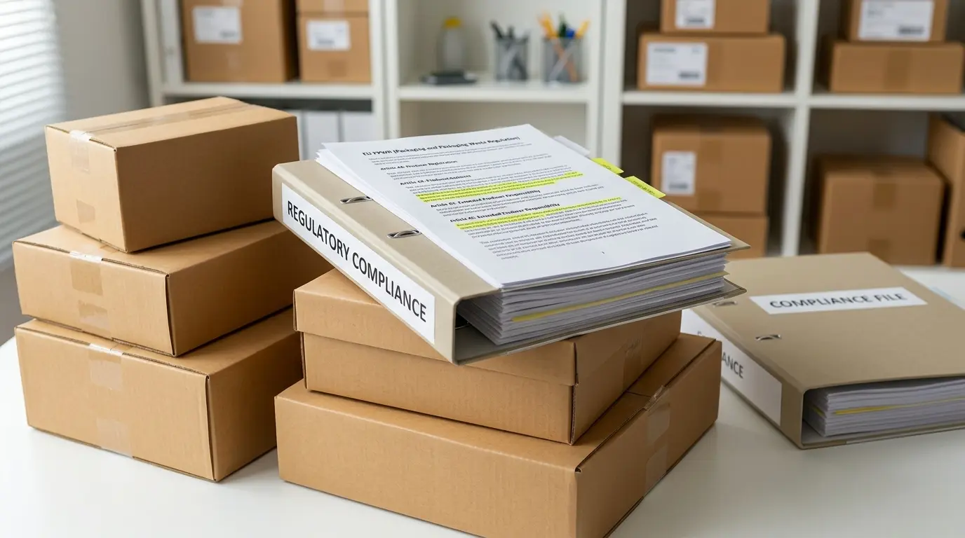 Printed packaging boxes and regulatory documentation binders on a desk.