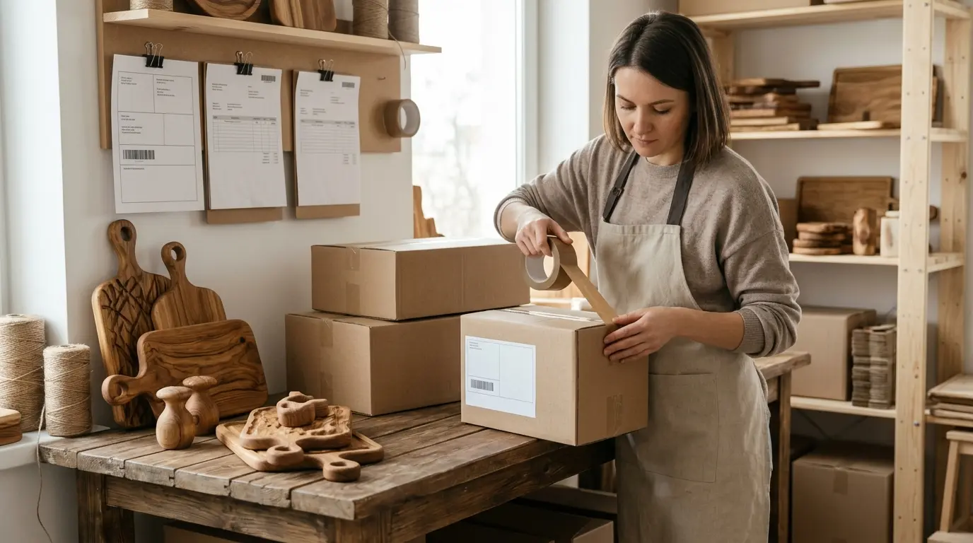 Ein Kunsthandwerker verpackt Direktbestellungen in Versandkartons