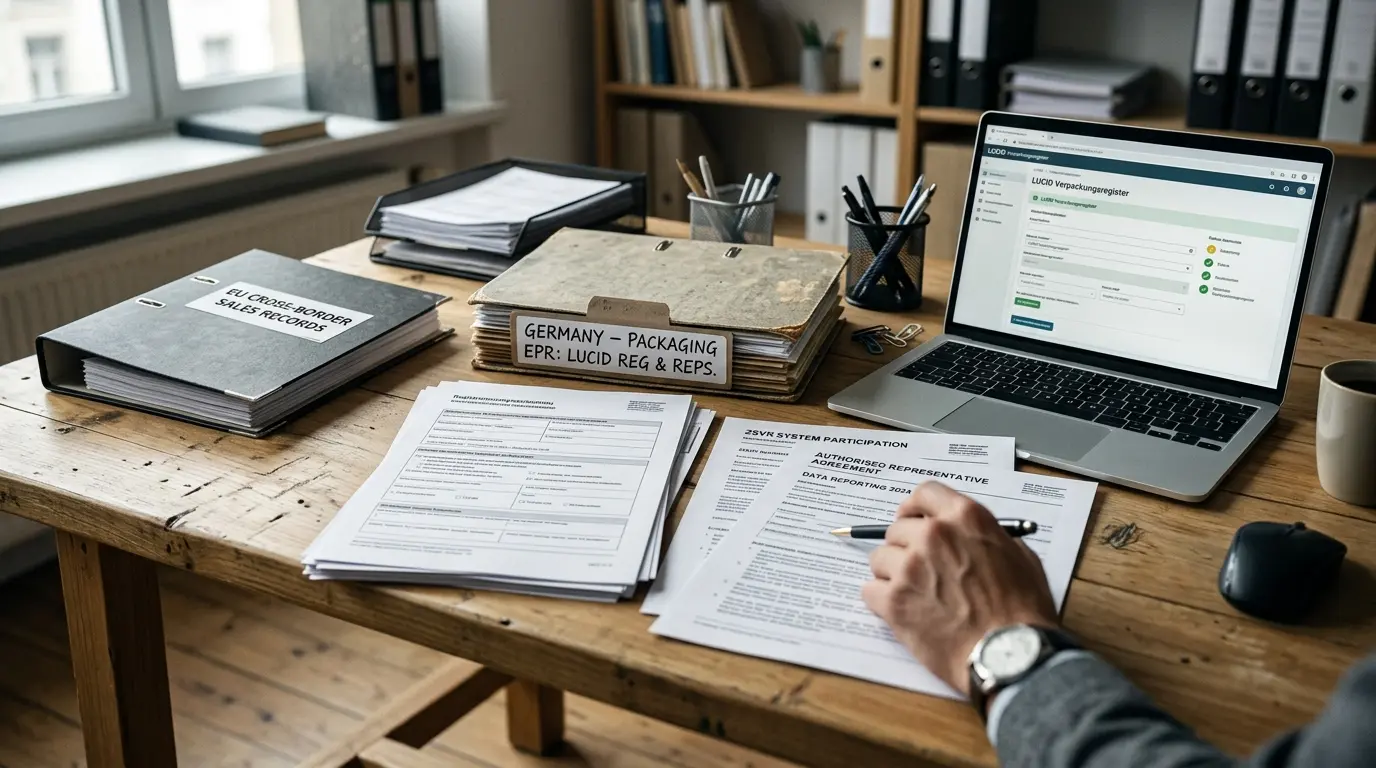 Offizielle Registerunterlagen und Meldedokumente auf einem Buerotisch