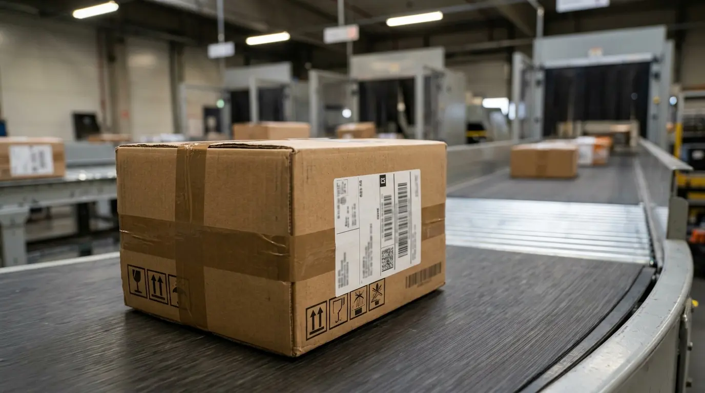 Verpacktes Paket mit Versand- und Handhabungsetiketten im Warenausgangsbereich