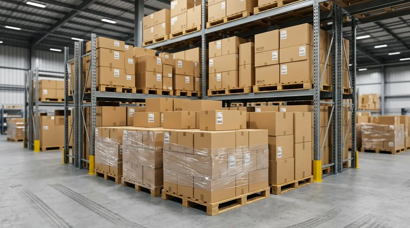 Physisch verpackter Lagerbestand in einer Lagerhalle eines Fulfilment-Zentrums
