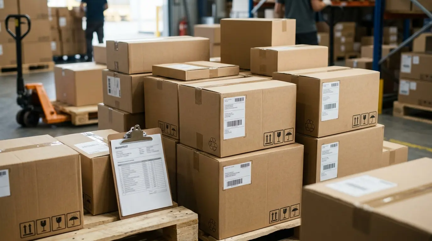 Cross-border packaged goods ready for dispatch showing compliance labeling.
