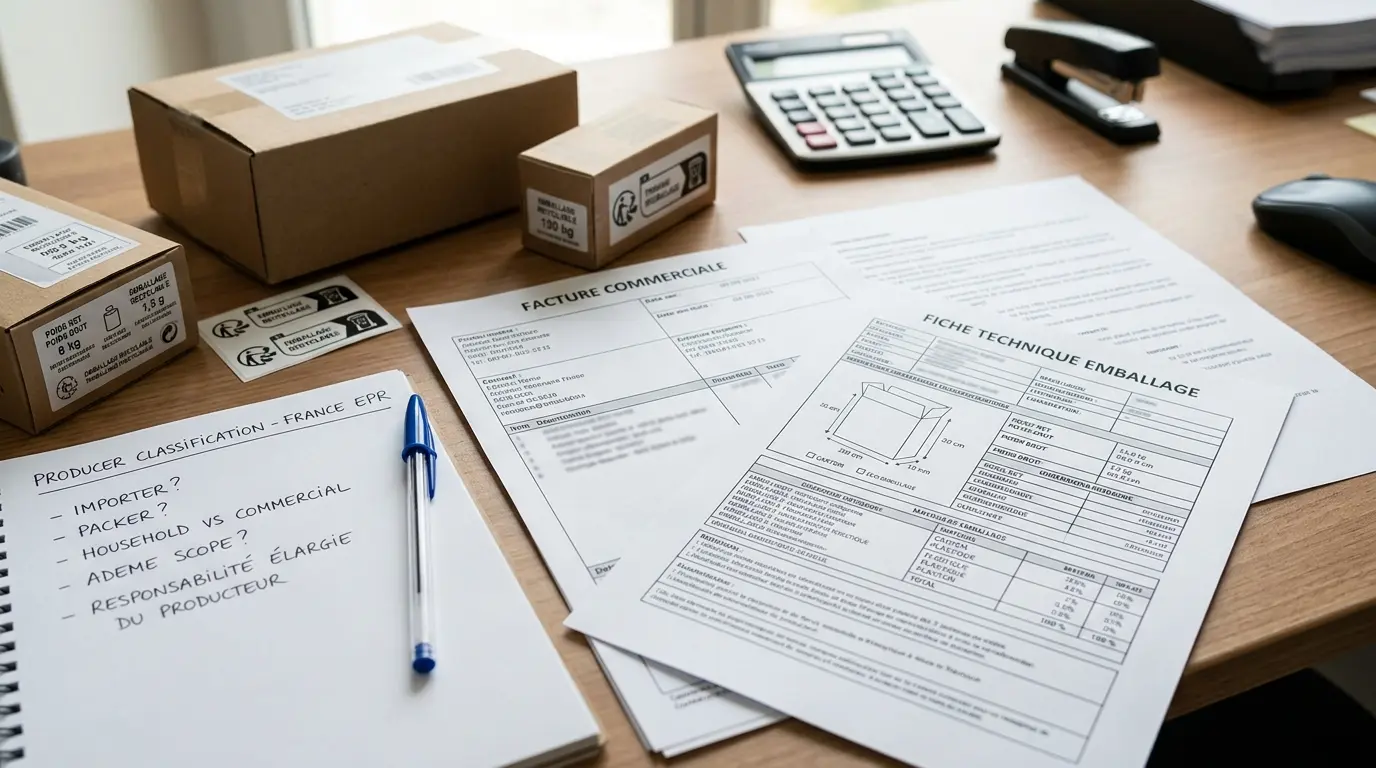 Documentation of packaging specifications and producer classifications for French market compliance.