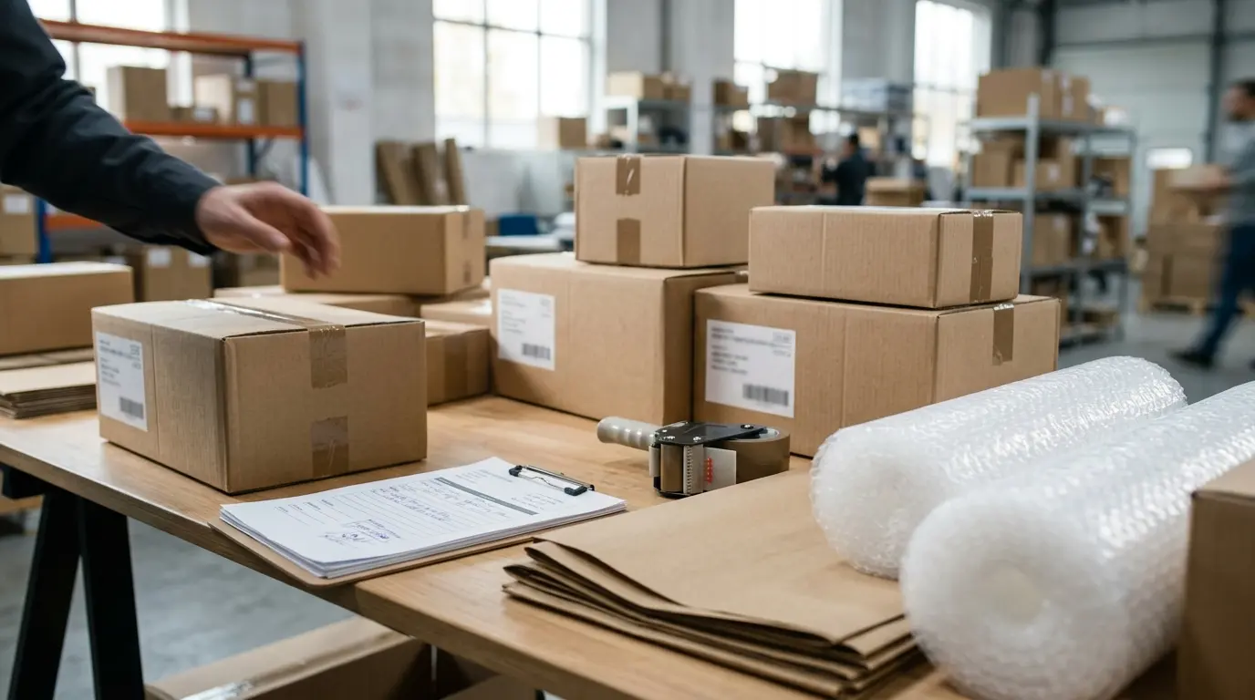Physische Verpackungsmaterialien und Produktpakete vor der nationalen Einstufung.