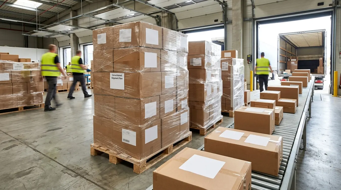 Fulfillment-Verpackungsbehaelter und Versandkartons bereit fuer den Warenausgang.