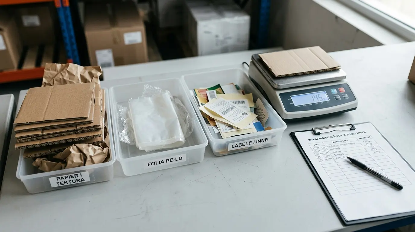Kategorisierte Verpackungsmaterialien sortiert nach Papier-, Kunststoff- und Verbundfraktionen.