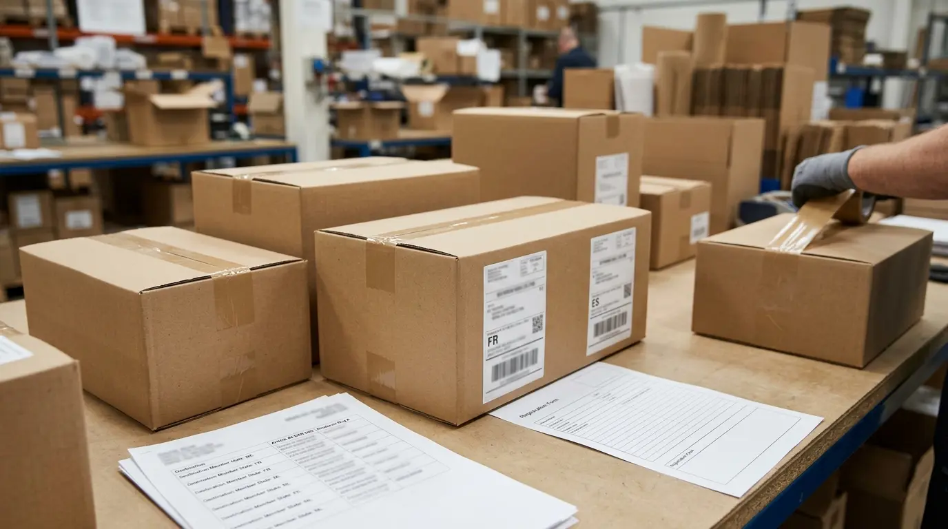 Packaged parcel boxes on a packing table with shipping labels for EU cross-border delivery
