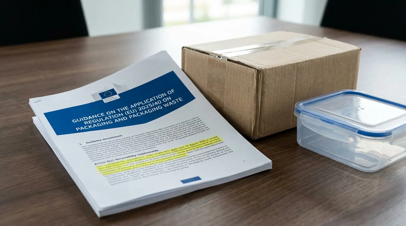 European Commission guidance document on packaging recyclability lying beside sample cardboard and plastic packaging