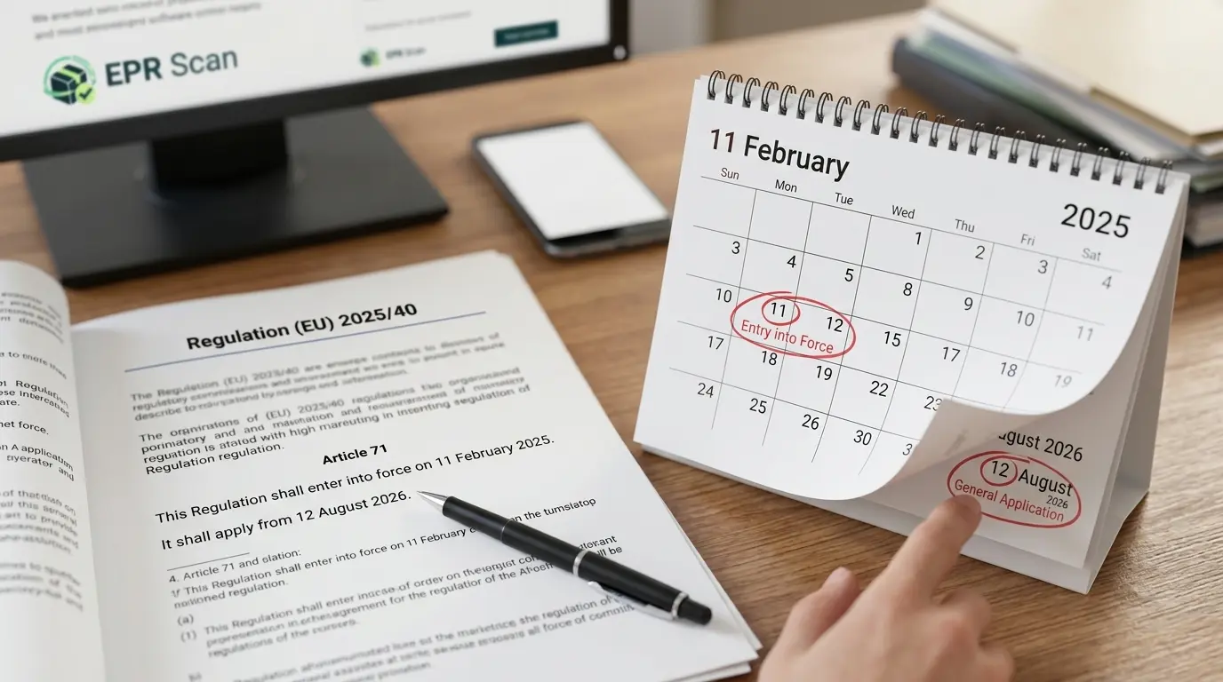 A printed copy of Regulation EU 2025 40 showing dates for entry into force and general application beside a calendar
