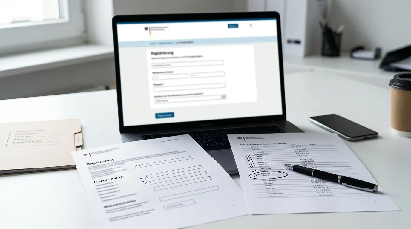 Documentos comerciales y registros del portal del registro oficial sobre un escritorio