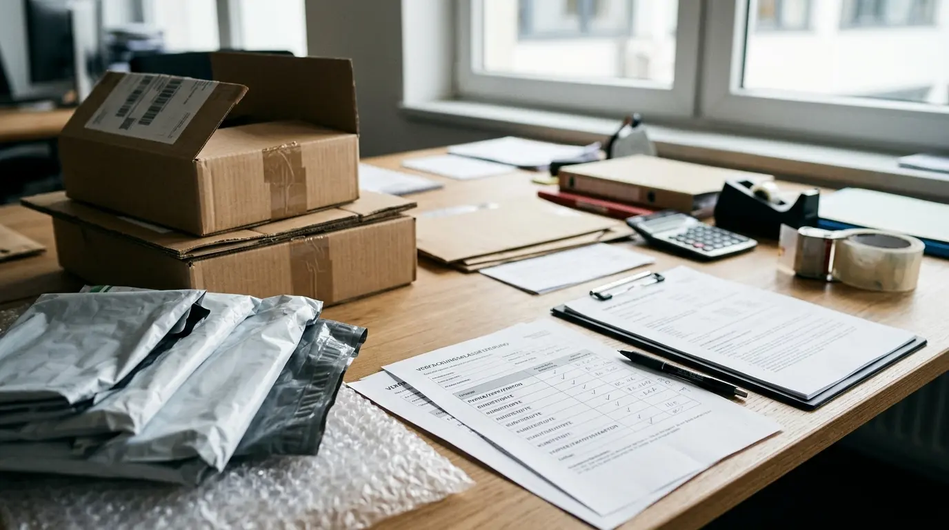 Cajas de cartón, film plástico y documentación de clasificación de cumplimiento