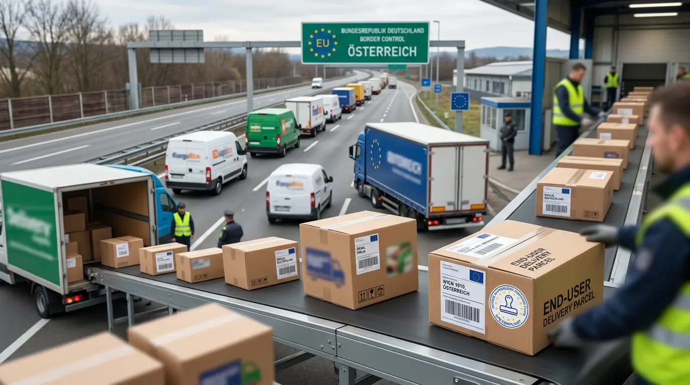 Physical supply chain showing packaged products crossing European borders toward end users