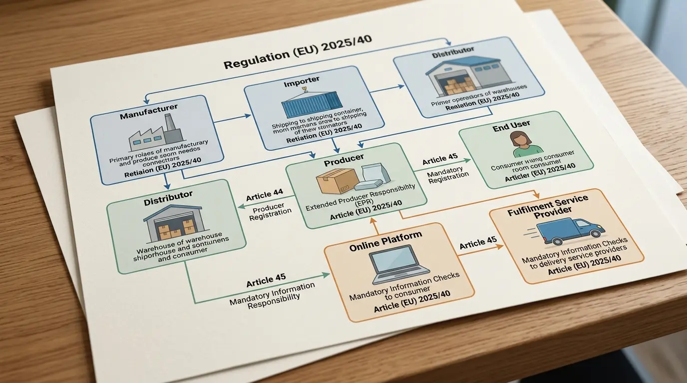 Diagram of legal roles defined under Regulation EU 2025 40 including manufacturer importer distributor and producer