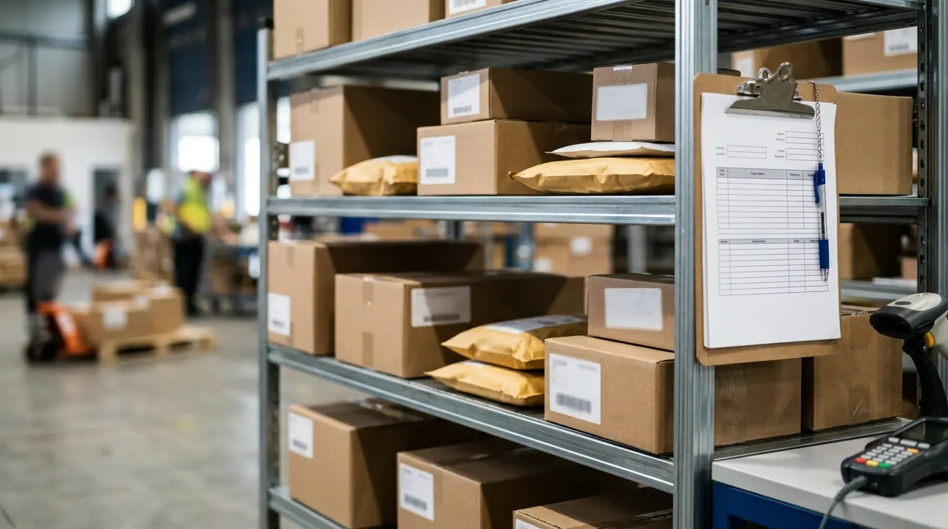 Verpackte Waren auf einem Sortierregal der Logistik neben Versandunterlagen