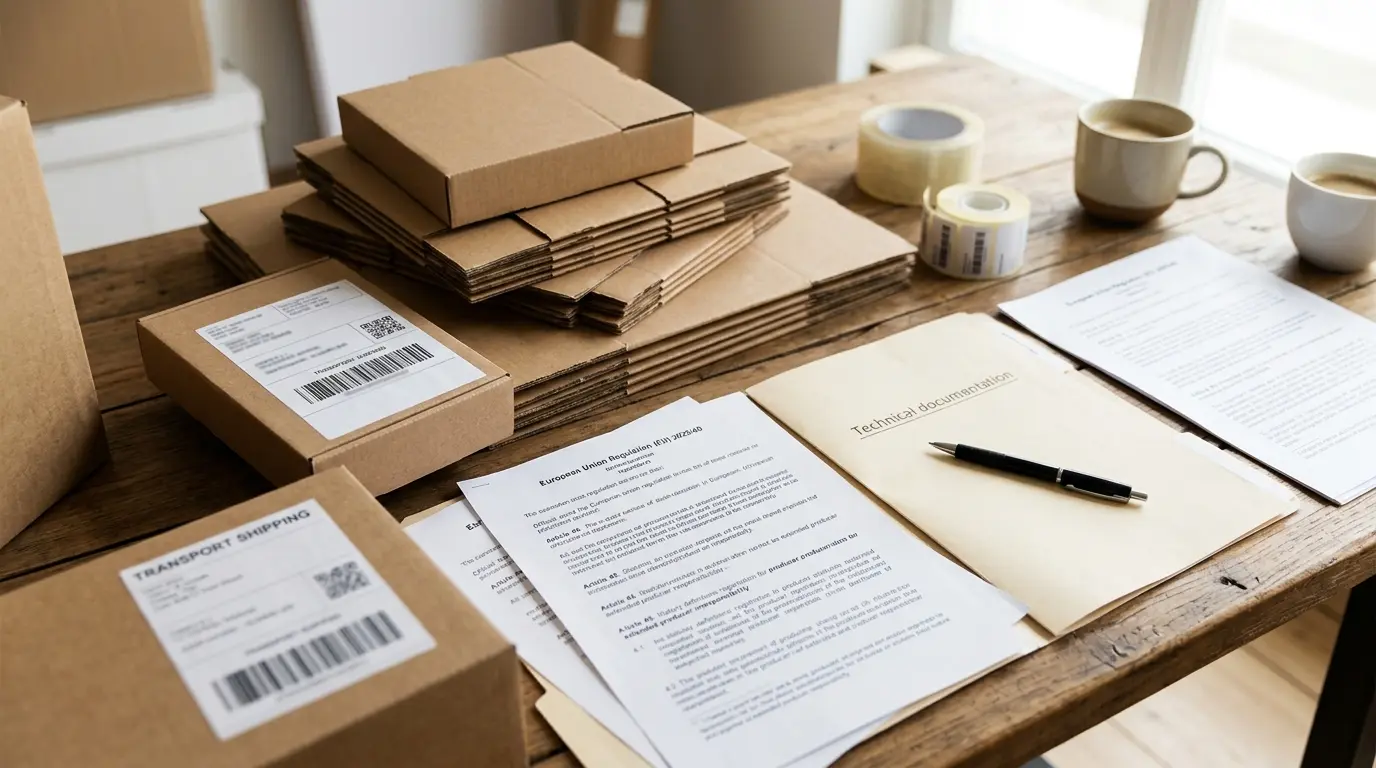 Schreibtisch mit Verpackungsdokumentation, Verordnungsunterlagen und Versandetiketten